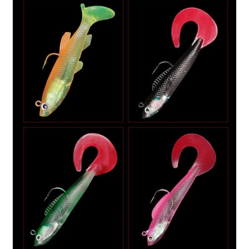 Fishing Boat Anchor - 10 個のルアーベイト、T テールリールテール 3D アイズウェイト付き、マルチカラー、シングルフック、トリプルアンカー、釣り用ソフトベイト