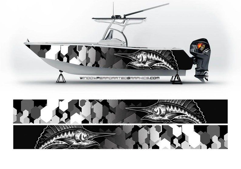 Fishing Boat Trailer - ビニールボートのラップ、マーリンフィッシュのグラフィック、黒と白、ポンツーン、スポーツマン、スキー、ボローライダー、ウォータークラフトなど。ボートラップd、d