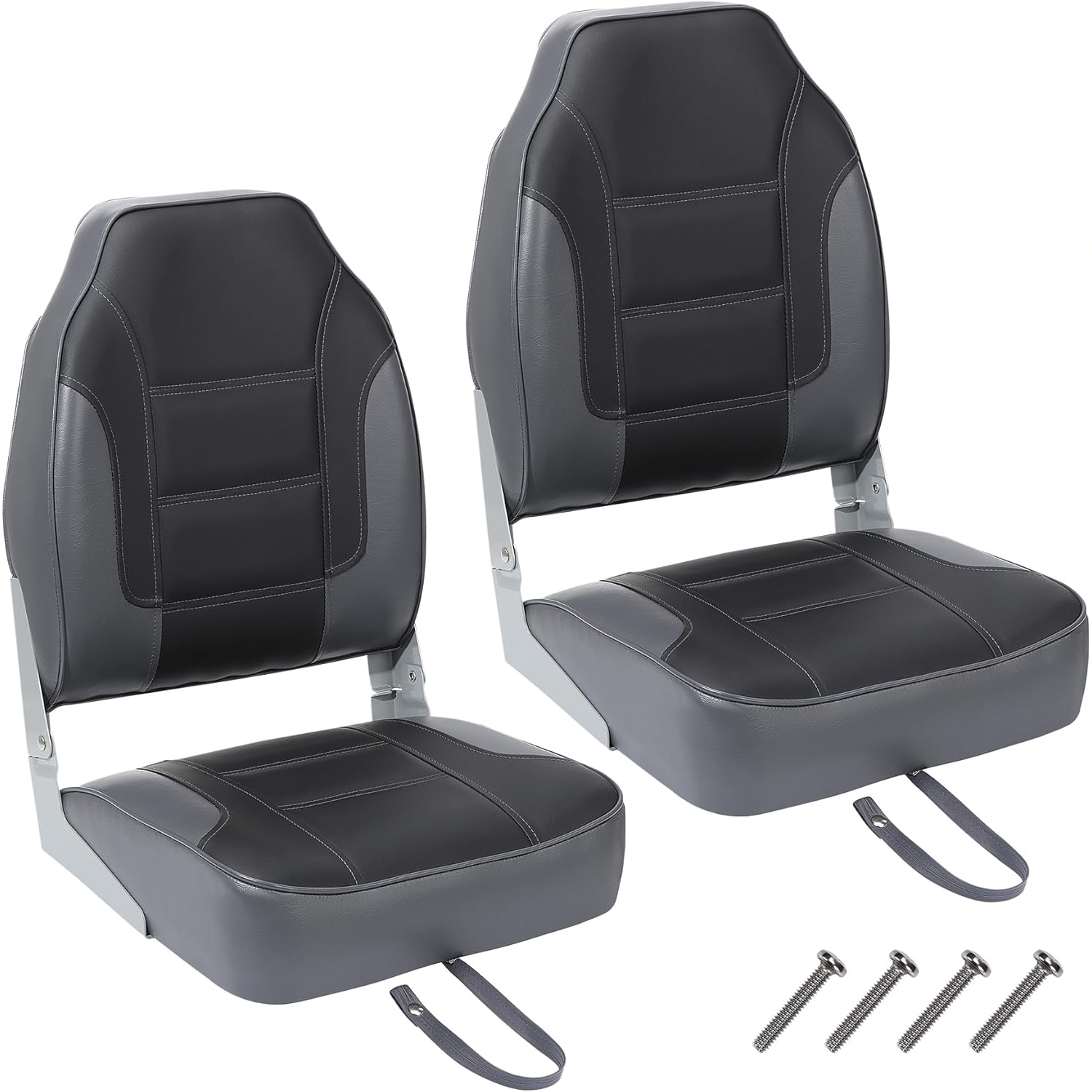Fishing Boat Seat - 2パック折りたたみ式ボートシート、ハイバックフィッシングボートシート、厚いスポンジパッドとヒンジ付きの快適なボートチェア、ダークグレー